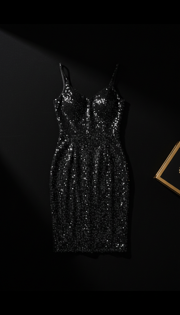 Sequin Bodycon Midi Dress in Noir Silk