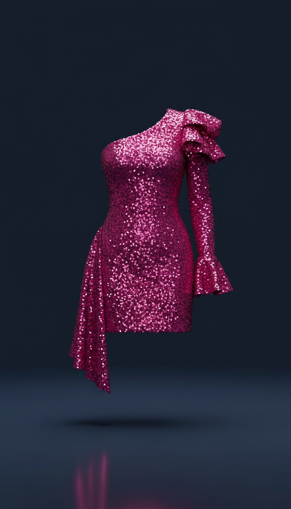 Fuchsia Asymmetric Sleeve Sequin Mini